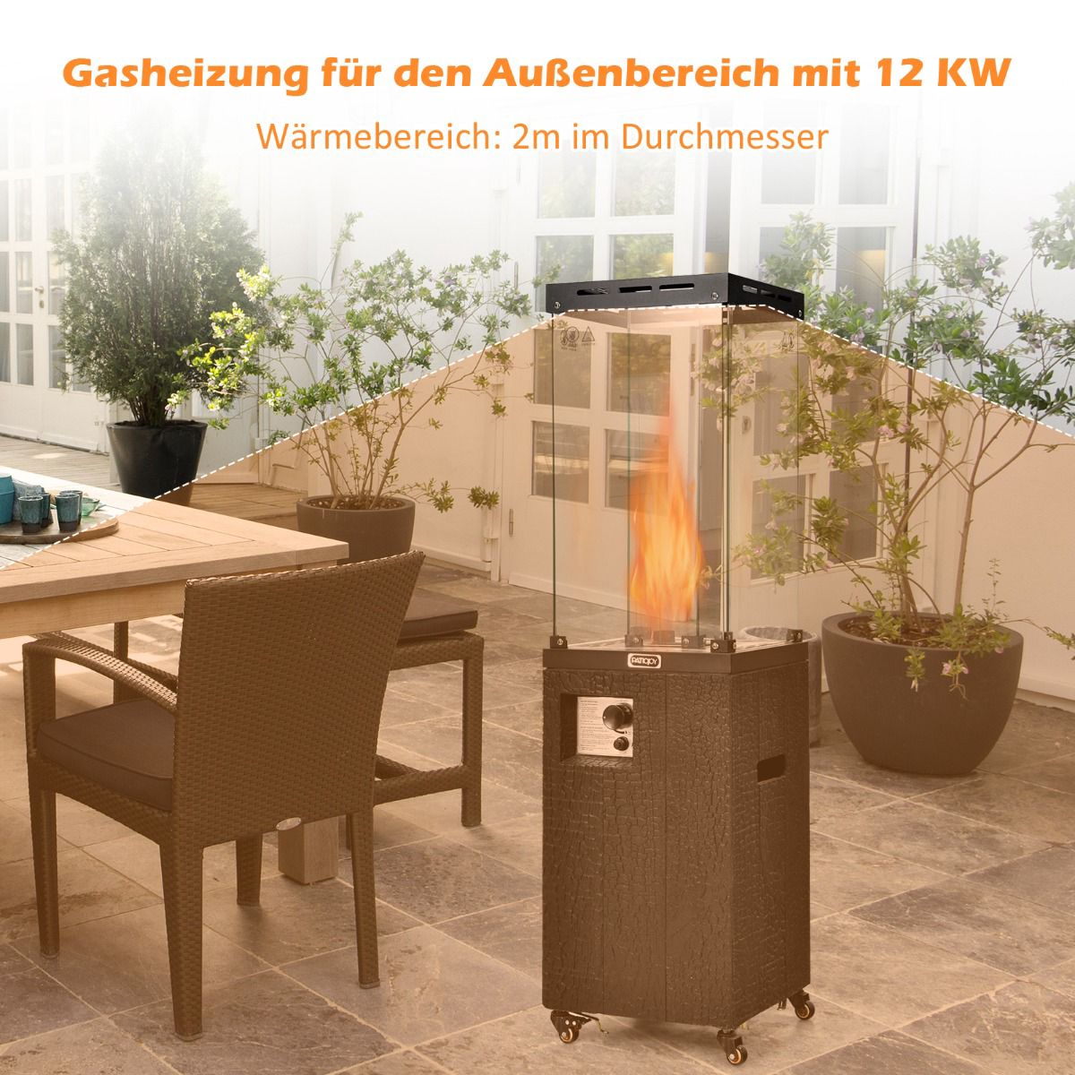 Propane Patio Heater 41000 BTU With Wheels, Glass