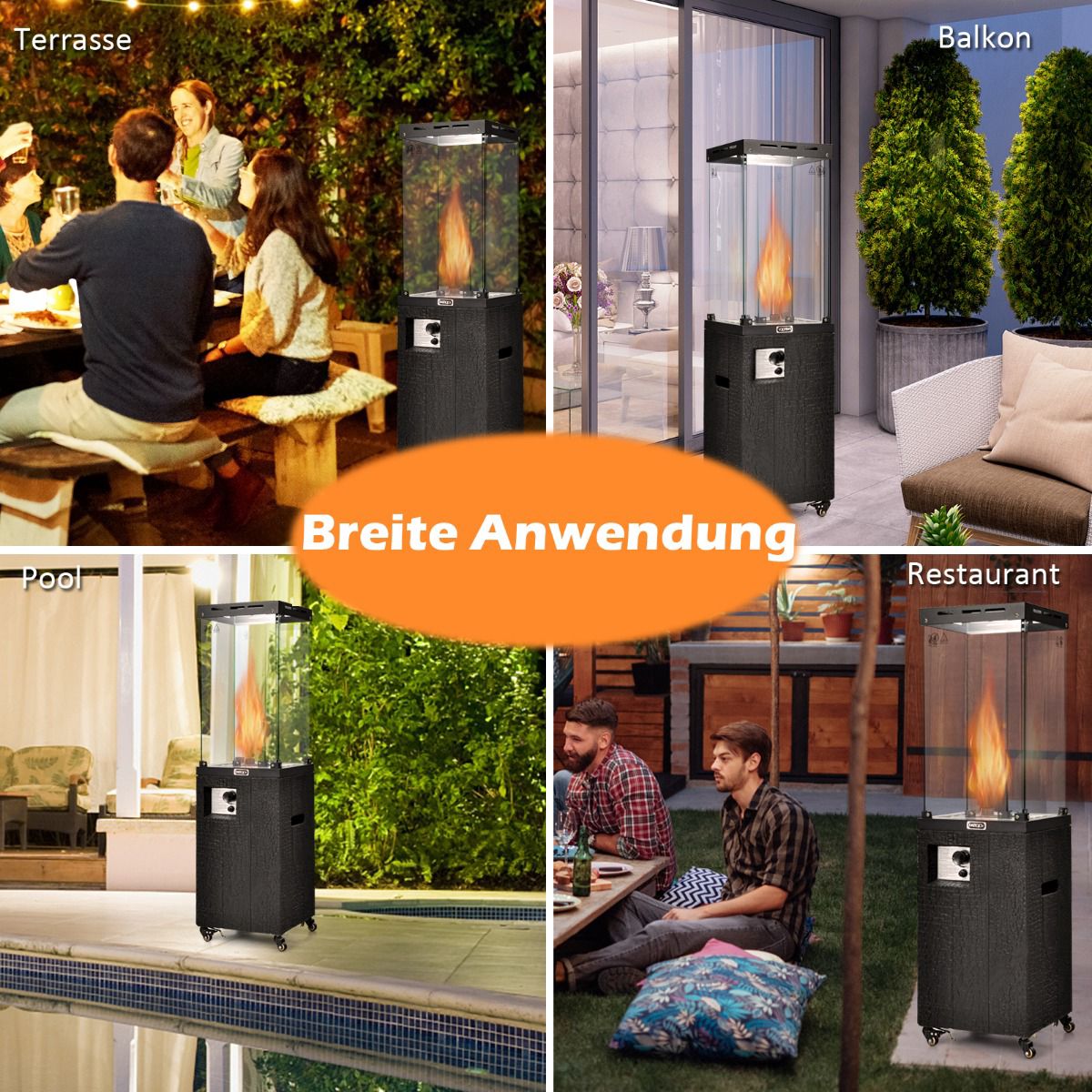 Propane Patio Heater 41000 BTU With Wheels, Glass