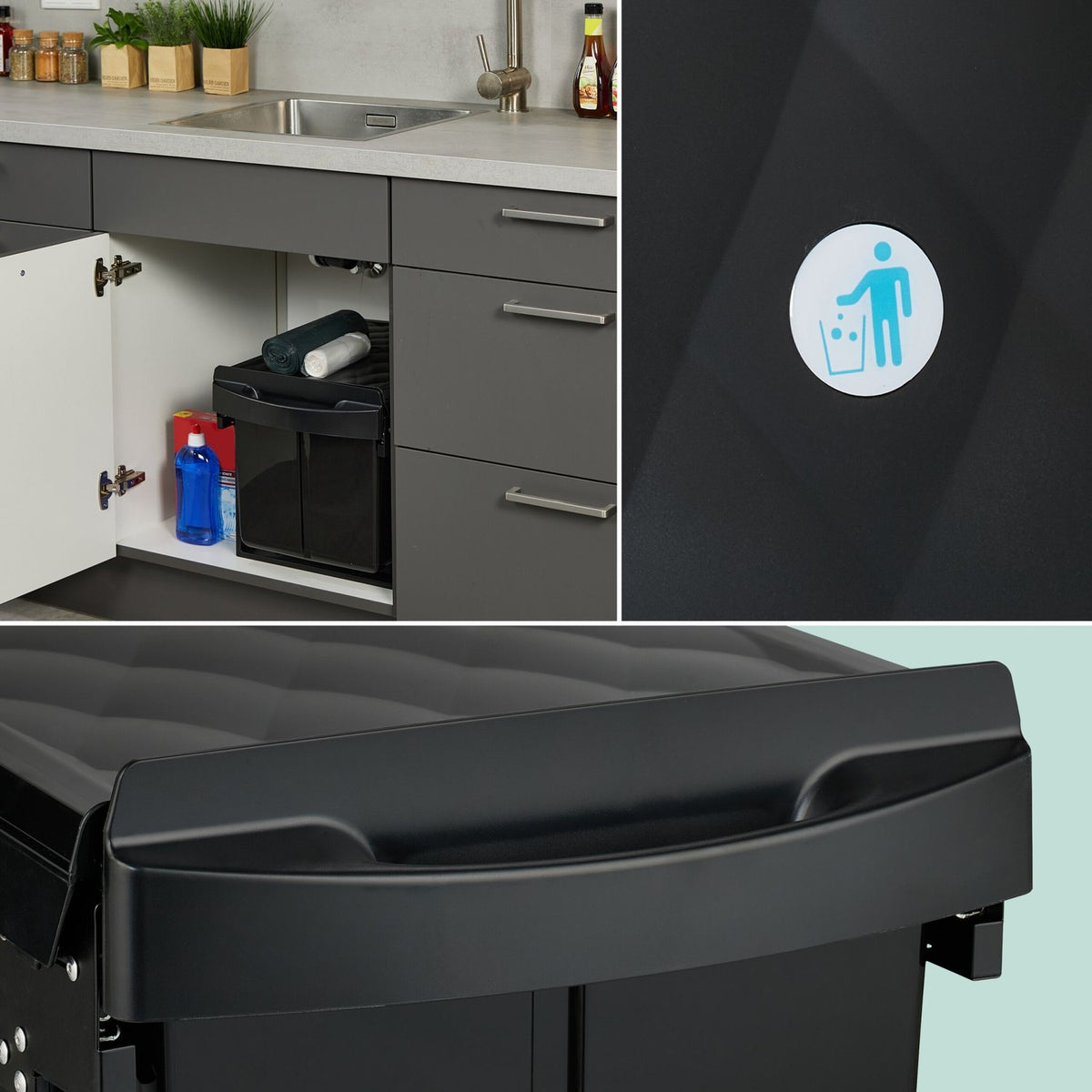 Pull-Out Kitchen Waste Bin, Black, Space-Saving Design
