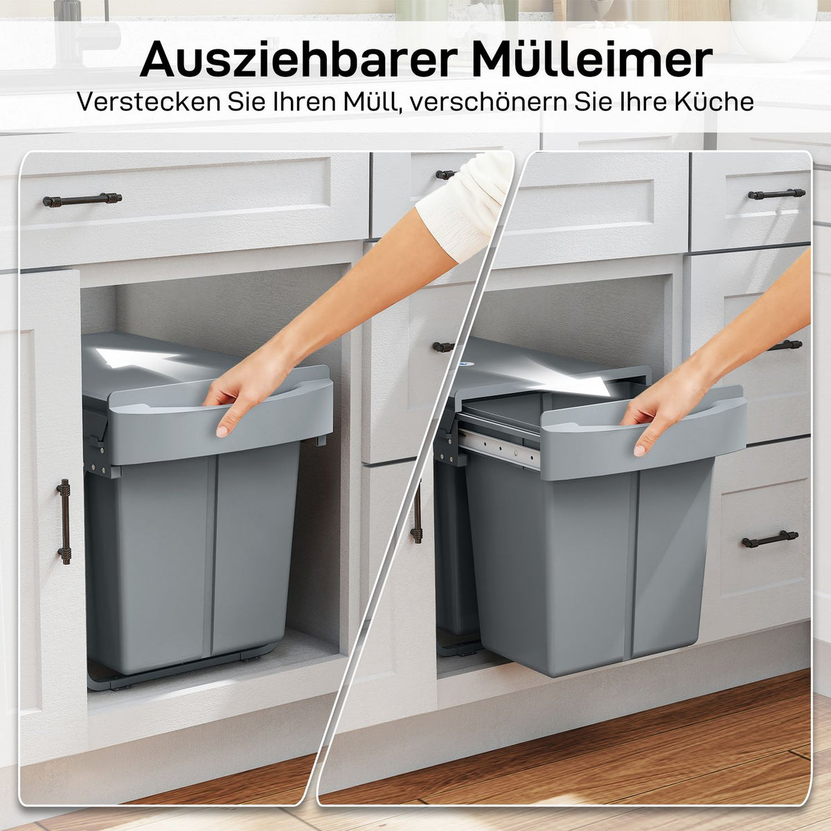 Pull-Out Trash Bin, 2x20L, Removable Bins, Gray