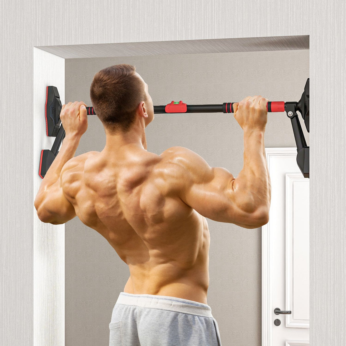 Pull-up bar, adjustable pull-ups with level meter, for door frames, with triangular support, maximum load 225kg, black