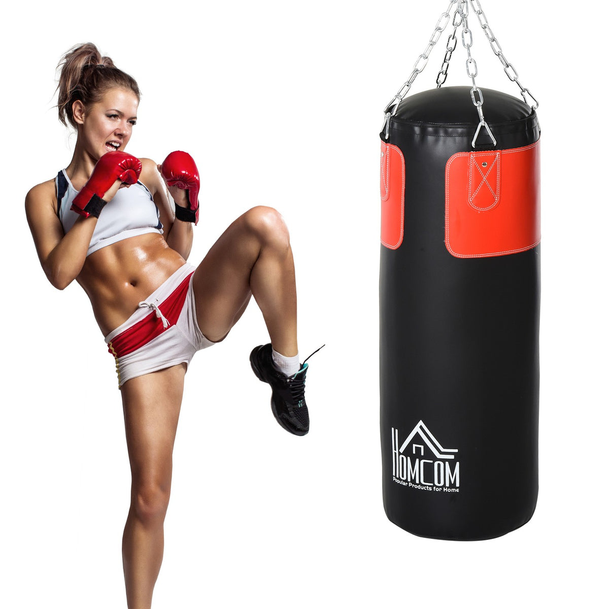 Punching Bag Set Complete Boxing Set With Gloves, Filled, For Adults & Teenagers, Black+Red, Ø30X120Cm, 16Kg