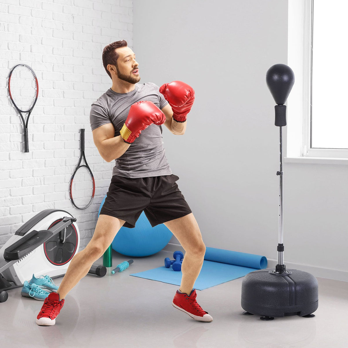Punching Ball Set Stand Box Training Set 136-154 Cm Height Adjustable With 1 Pair Of Gloves Suitable For Professionals And Beginners Black
