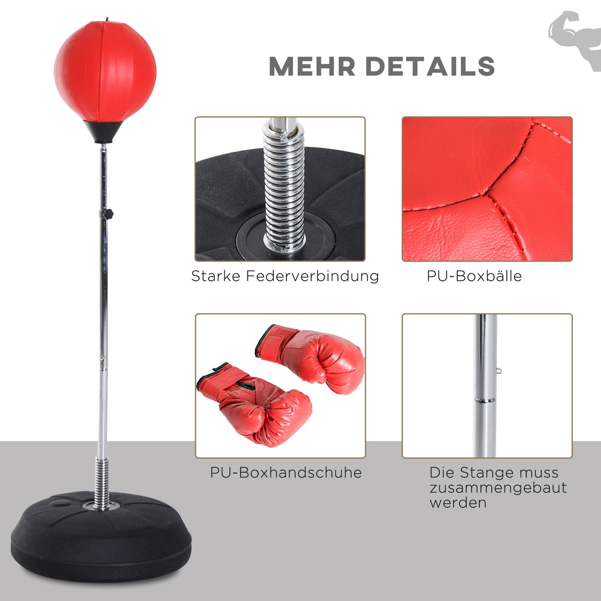 Punching bag, 1.26-1.44 m boxing stand with gloves, punching ball, height-adjustable standing boxing ball, standing boxing trainer for boxing, artificial leather