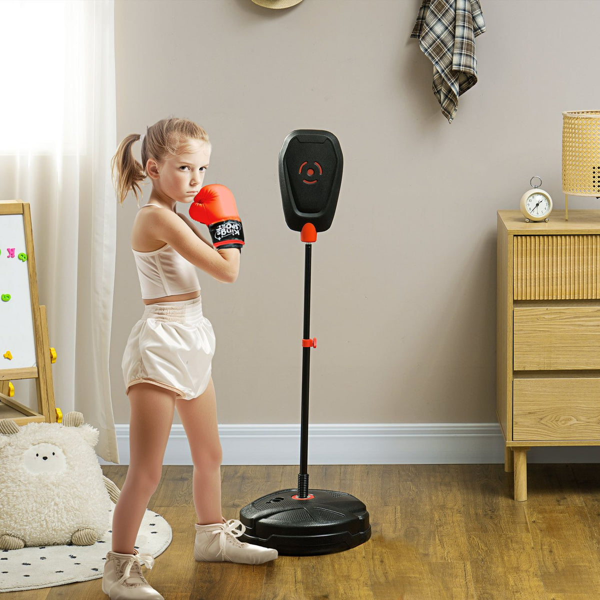 Punching bag 88-124 cm height-adjustable boxing stand with boxing gloves, boxing set with water/sand fillable stand for 5-10 years children, steel, black