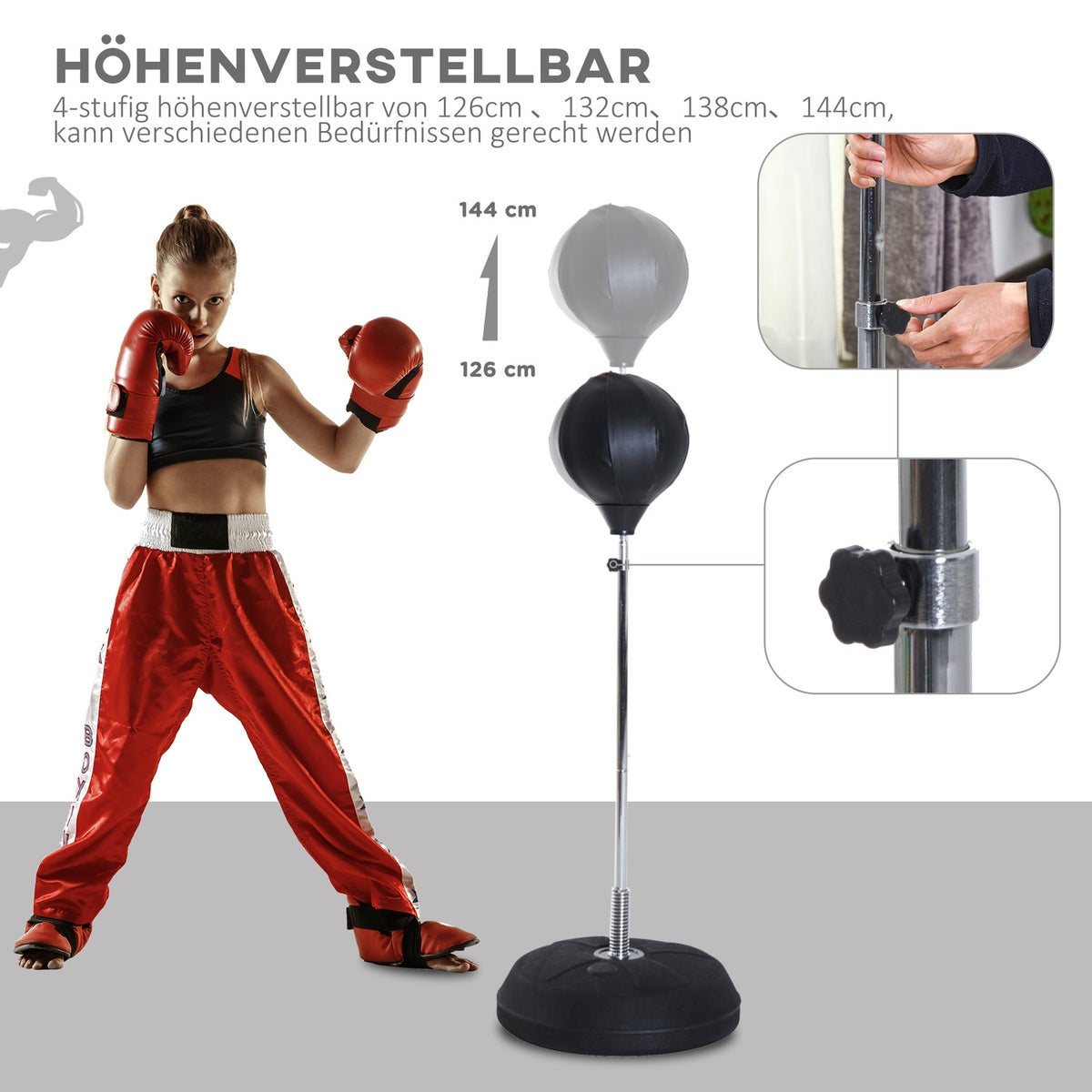 Punching bag, boxing stand with gloves, punching ball, 1.26-1.44 m height-adjustable standing boxing ball, standing boxing trainer for boxing