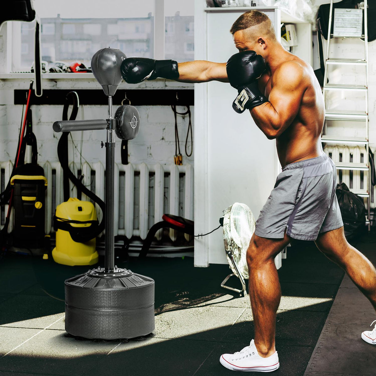 Punching bag, boxing stand with punching ball, reflex bar, 1.63-2.05 m height-adjustable standing boxing ball with claw, standing boxing trainer for boxing, HDPE, artificial leather