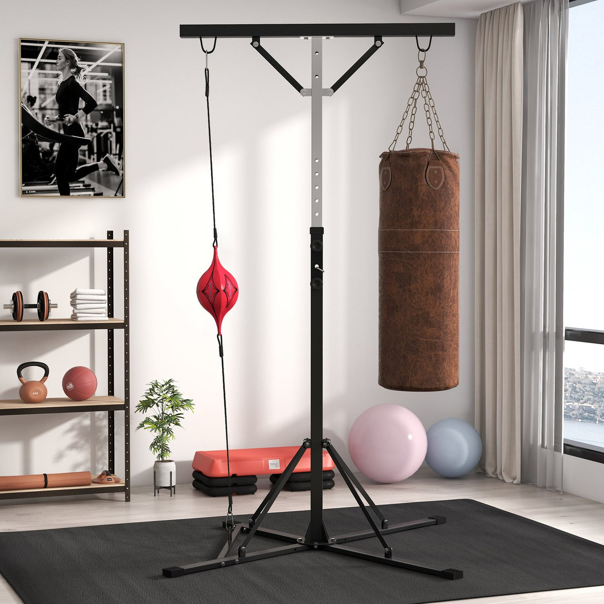 Punching bag stand, height adjustable, free-standing punching bag holder with speedball, load capacity up to 60 kg, steel, black