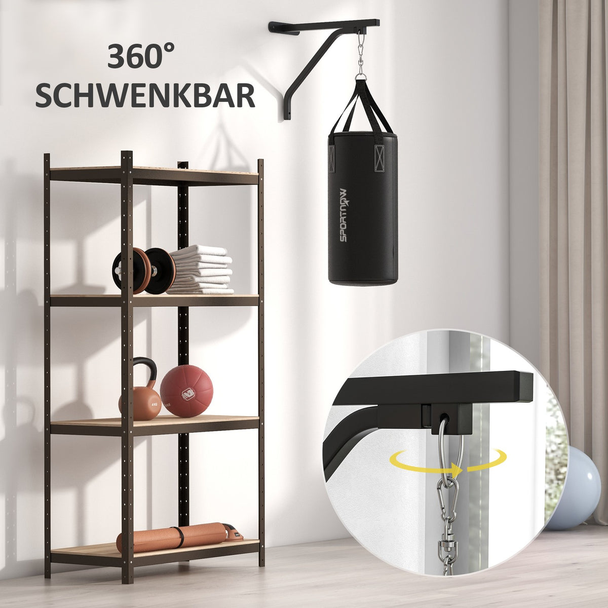 Punching bag wall mount punching bag stand with gloves, hand straps and 360° rotating hook, adjustable punching bag holder for punch bag, sandbag, steel, black