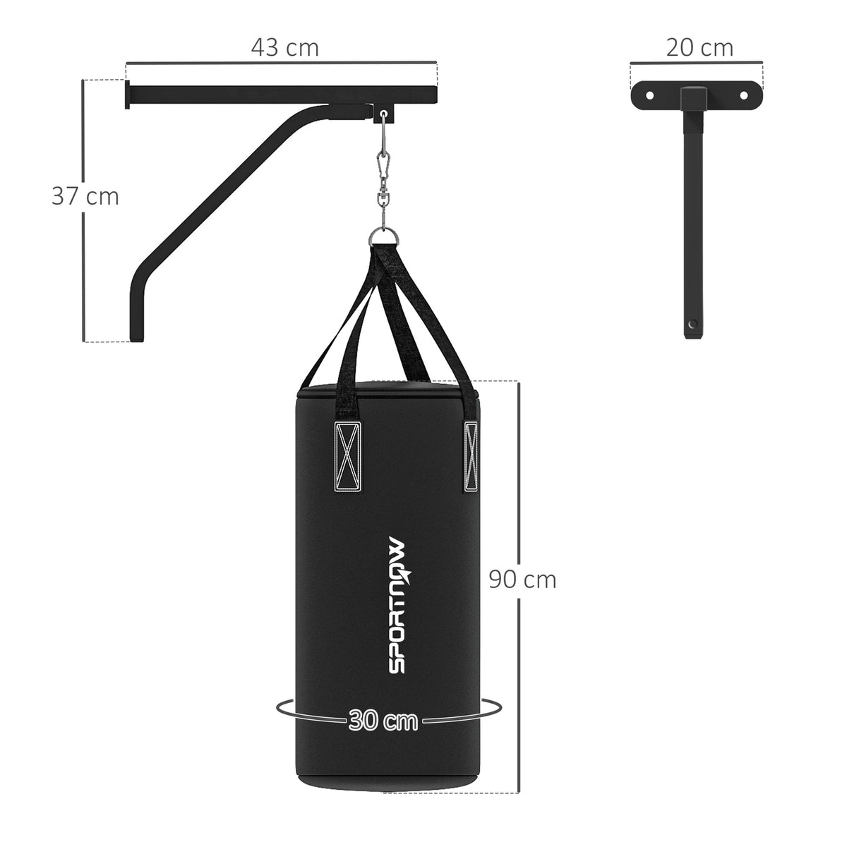 Punching bag wall mount punching bag stand with gloves, hand straps and 360° rotating hook, adjustable punching bag holder for punch bag, sandbag, steel, black