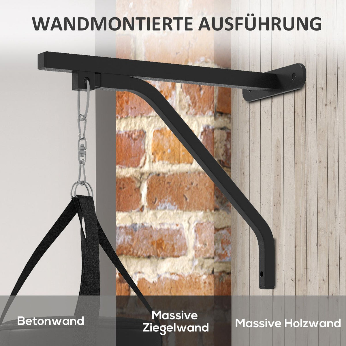 Punching bag wall mount punching bag stand with gloves, hand straps and 360° rotating hook, adjustable punching bag holder for punch bag, sandbag, steel, black