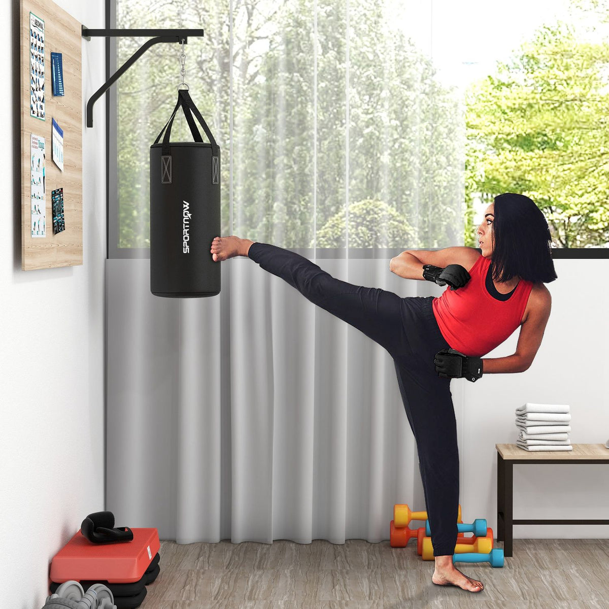Punching bag wall mount punching bag stand with gloves, hand straps and 360° rotating hook, adjustable punching bag holder for punch bag, sandbag, steel, black