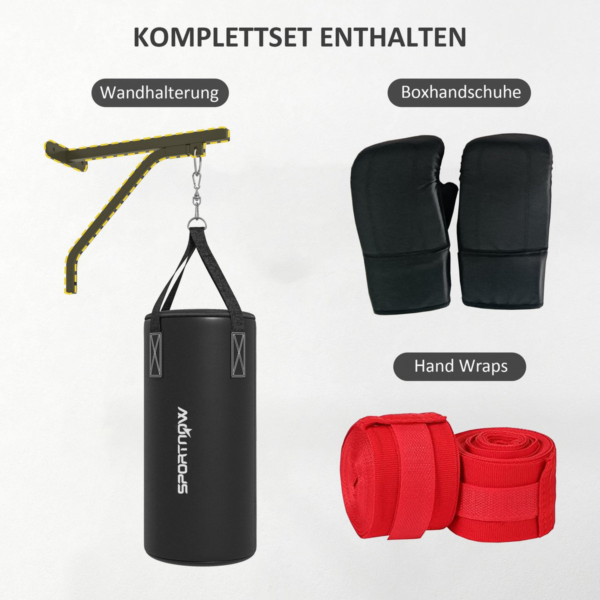 Punching bag wall mount punching bag stand with gloves, hand straps and 360° rotating hook, adjustable punching bag holder for punch bag, sandbag, steel, black