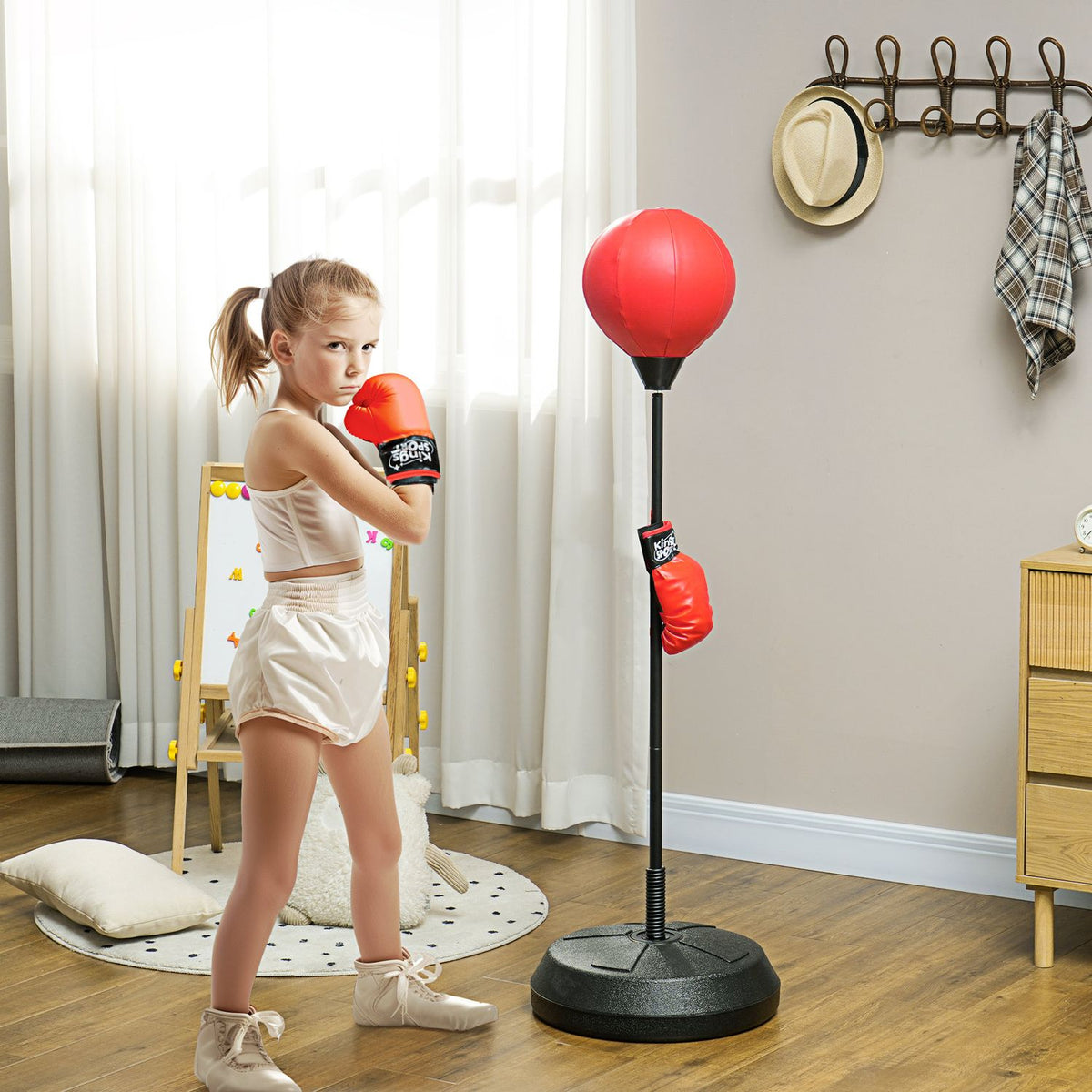 Punching ball for children boxing stand with boxing gloves, 122.5-147 cm height adjustable boxing set with stand for boys and girls, steel, red