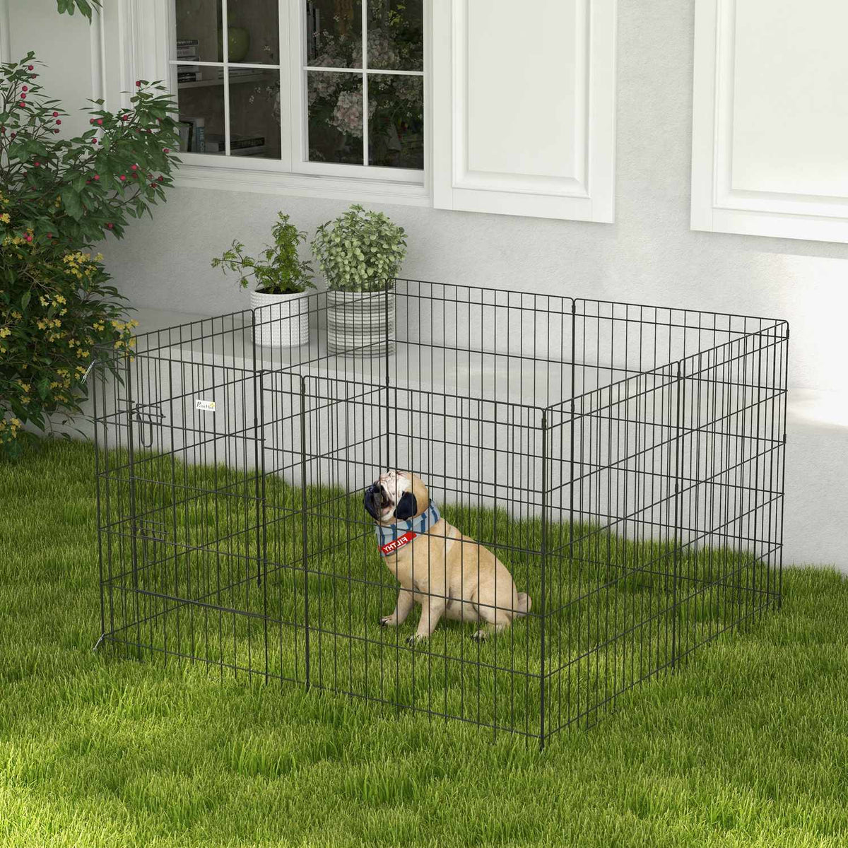 Puppy Run 76 cm High, 8-Piece Puppy Playpen with Lock, DIY Outdoor Run Dog Playpen for Medium Dogs, Guinea Pigs, Rabbits, Metal, Black