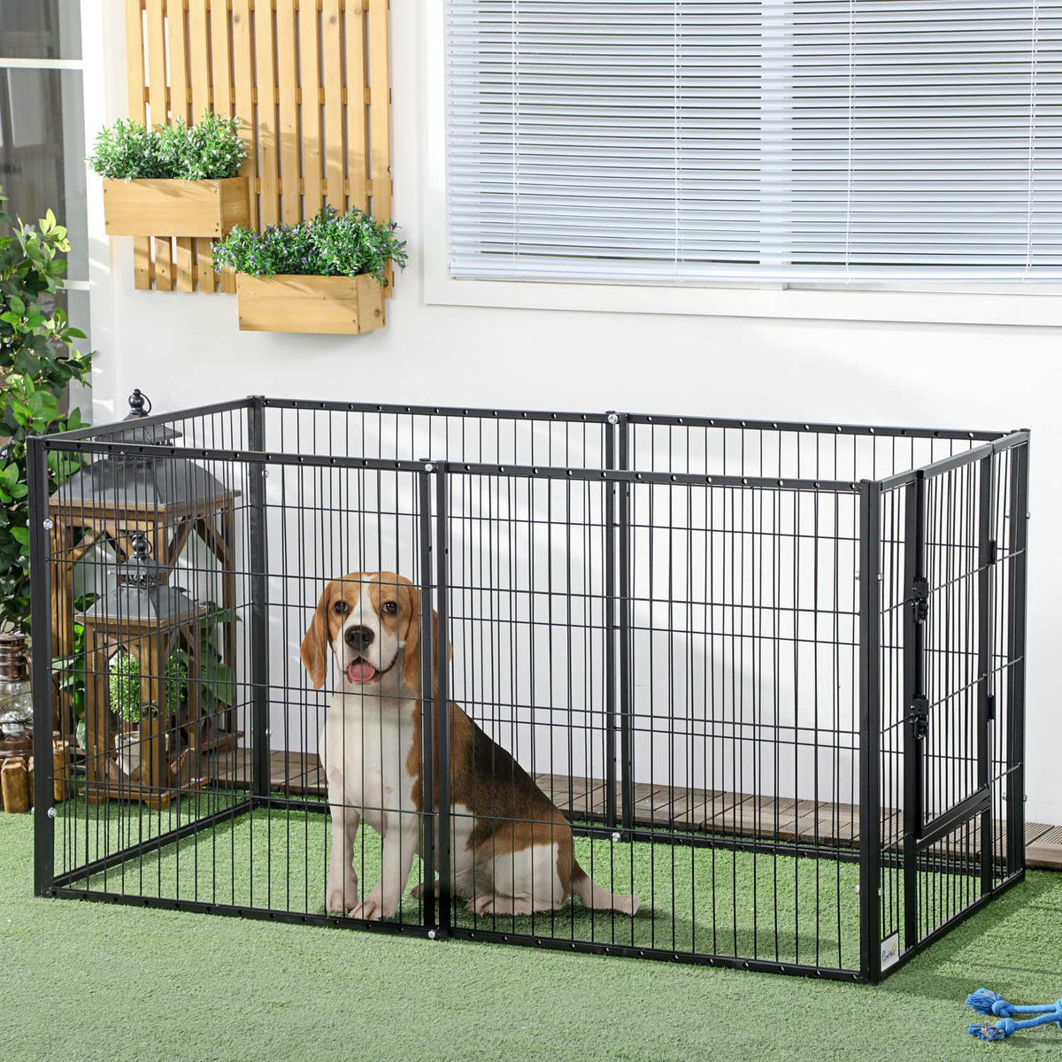 Puppy Run With Door, 81Cm High, 6 Panels, Indoor Outdoor Run, Steel, Black, 82.5-150 X 79Cm
