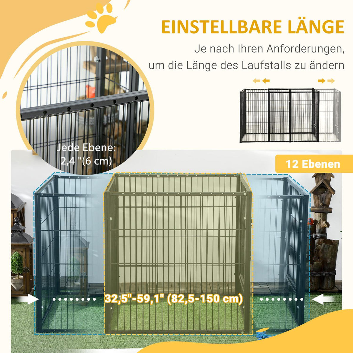 Puppy Run With Door, 81Cm High, 6 Panels, Indoor Outdoor Run, Steel, Black, 82.5-150 X 79Cm