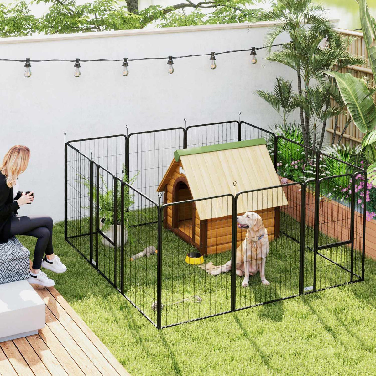 Puppy playpen, square, puppy run with 12 grid panels, door, ground spikes, flexible, foldable, protective tarpaulin, outdoor enclosure, 100 cm high, dog playpen, indoors, outdoors, puppy gate for dogs, cats