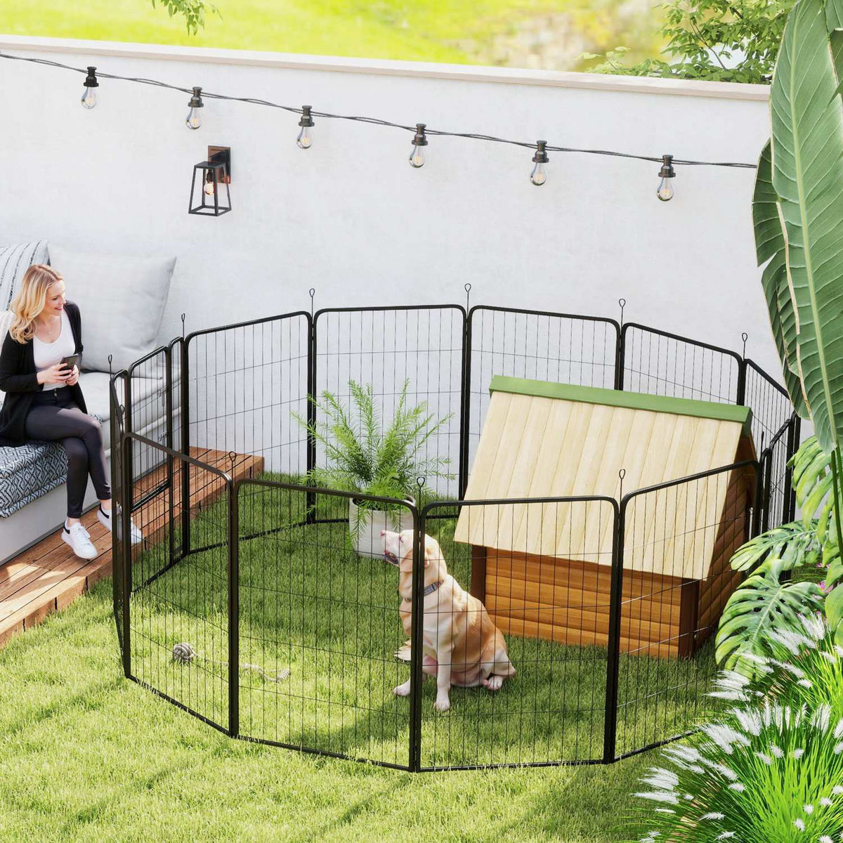 Puppy playpen, square, puppy run with 12 grid panels, door, ground spikes, flexible, foldable, protective tarpaulin, outdoor enclosure, 100 cm high, dog playpen, indoors, outdoors, puppy gate for dogs, cats