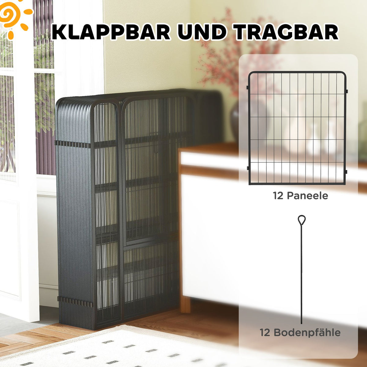 Puppy playpen, square, puppy run with 12 grid panels, door, ground spikes, flexible, foldable, protective tarpaulin, outdoor enclosure, 100 cm high, dog playpen, indoors, outdoors, puppy gate for dogs, cats