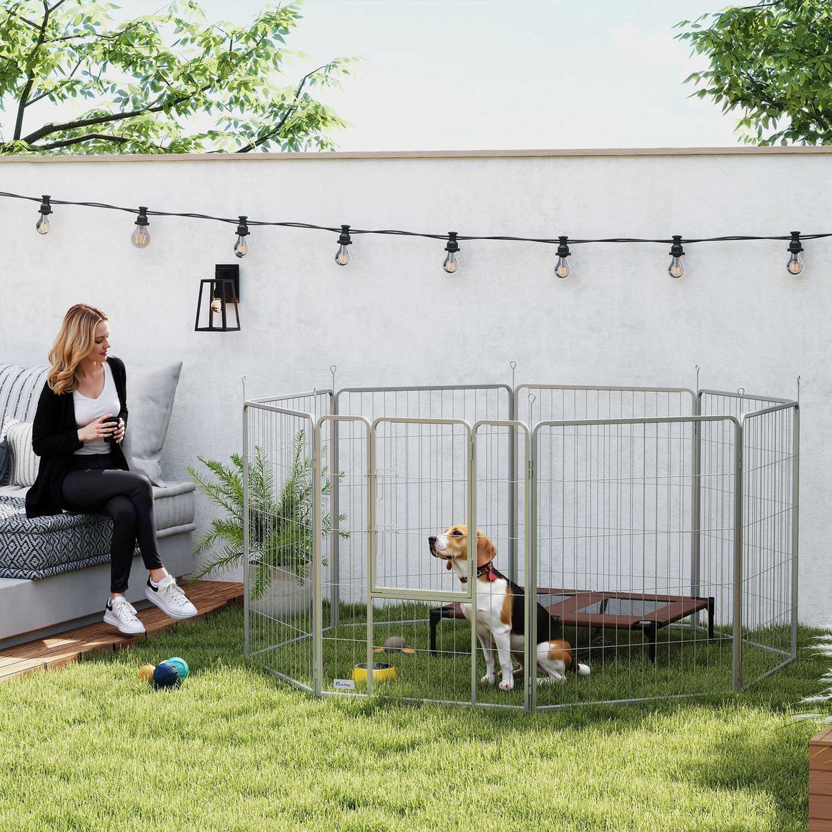 Puppy run 100 cm high, 8-piece dog playpen, puppy playpen with belt and door, outdoor enclosure for small to medium-sized dogs, guinea pigs, rabbits, steel, silver