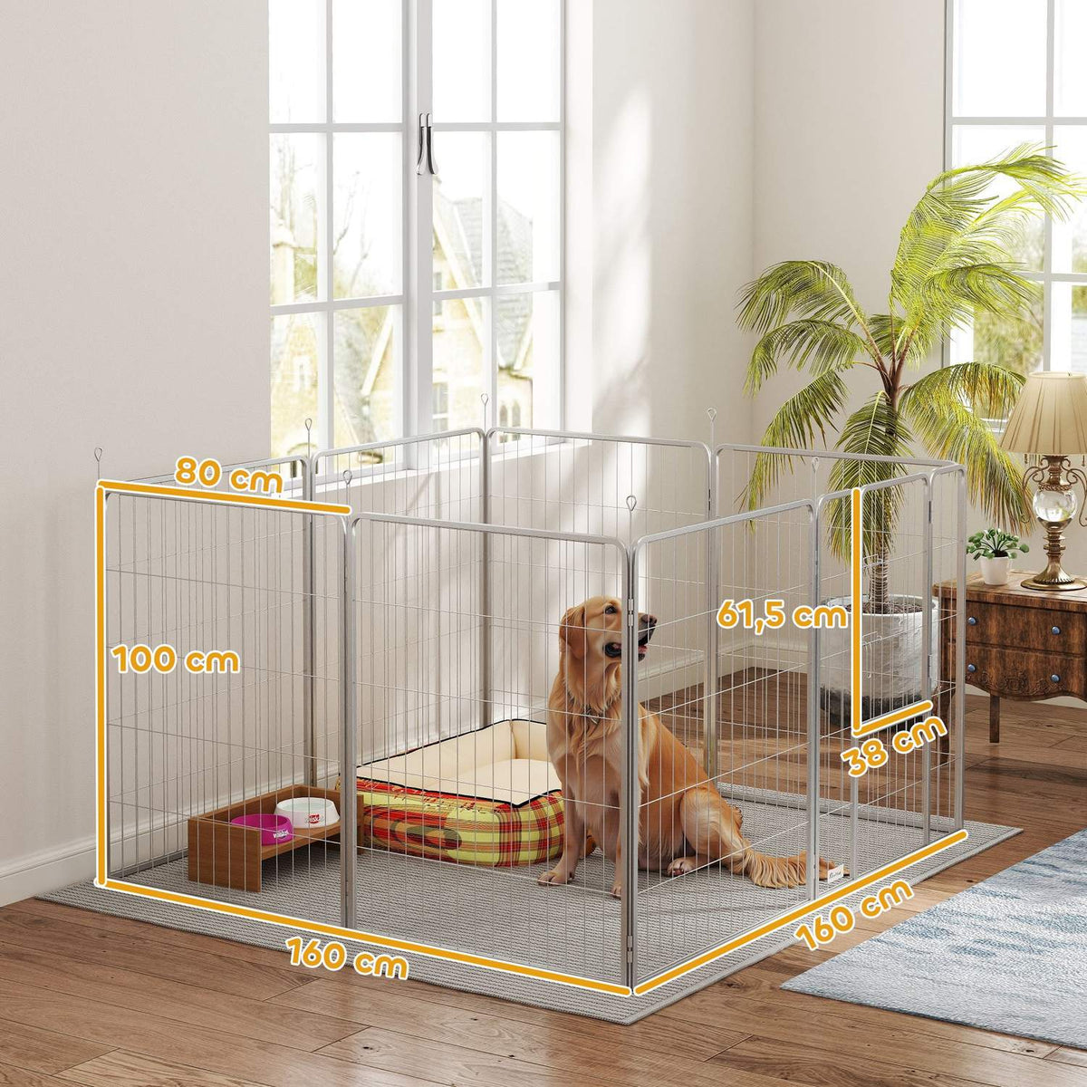 Puppy run 100 cm high, 8-piece dog playpen, puppy playpen with belt and door, outdoor enclosure for small to medium-sized dogs, guinea pigs, rabbits, steel, silver