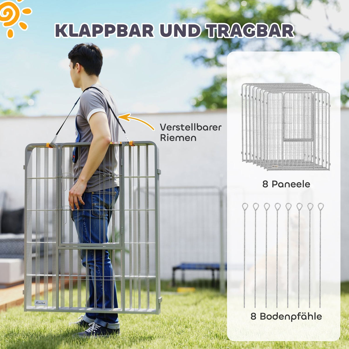 Puppy run 100 cm high, 8-piece dog playpen, puppy playpen with belt and door, outdoor enclosure for small to medium-sized dogs, guinea pigs, rabbits, steel, silver