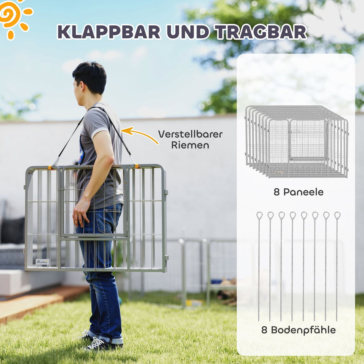Puppy run 60 cm high, 8-piece dog playpen, puppy playpen with belt and door, outdoor enclosure for small to medium-sized dogs, guinea pigs, rabbits, steel, silver