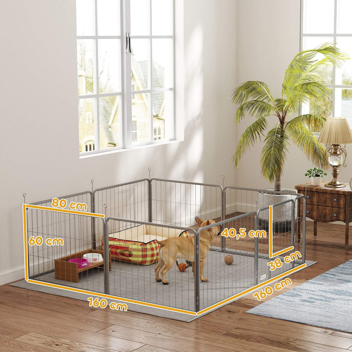 Puppy run 60 cm high, 8-piece dog playpen, puppy playpen with belt and door, outdoor enclosure for small to medium-sized dogs, guinea pigs, rabbits, steel, silver