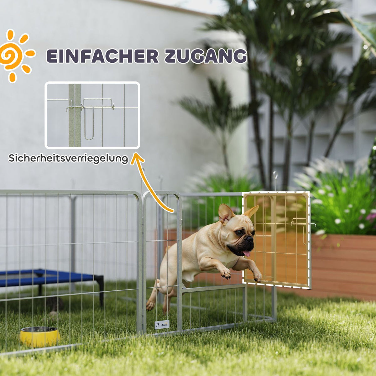 Puppy run 60 cm high, 8-piece dog playpen, puppy playpen with belt and door, outdoor enclosure for small to medium-sized dogs, guinea pigs, rabbits, steel, silver