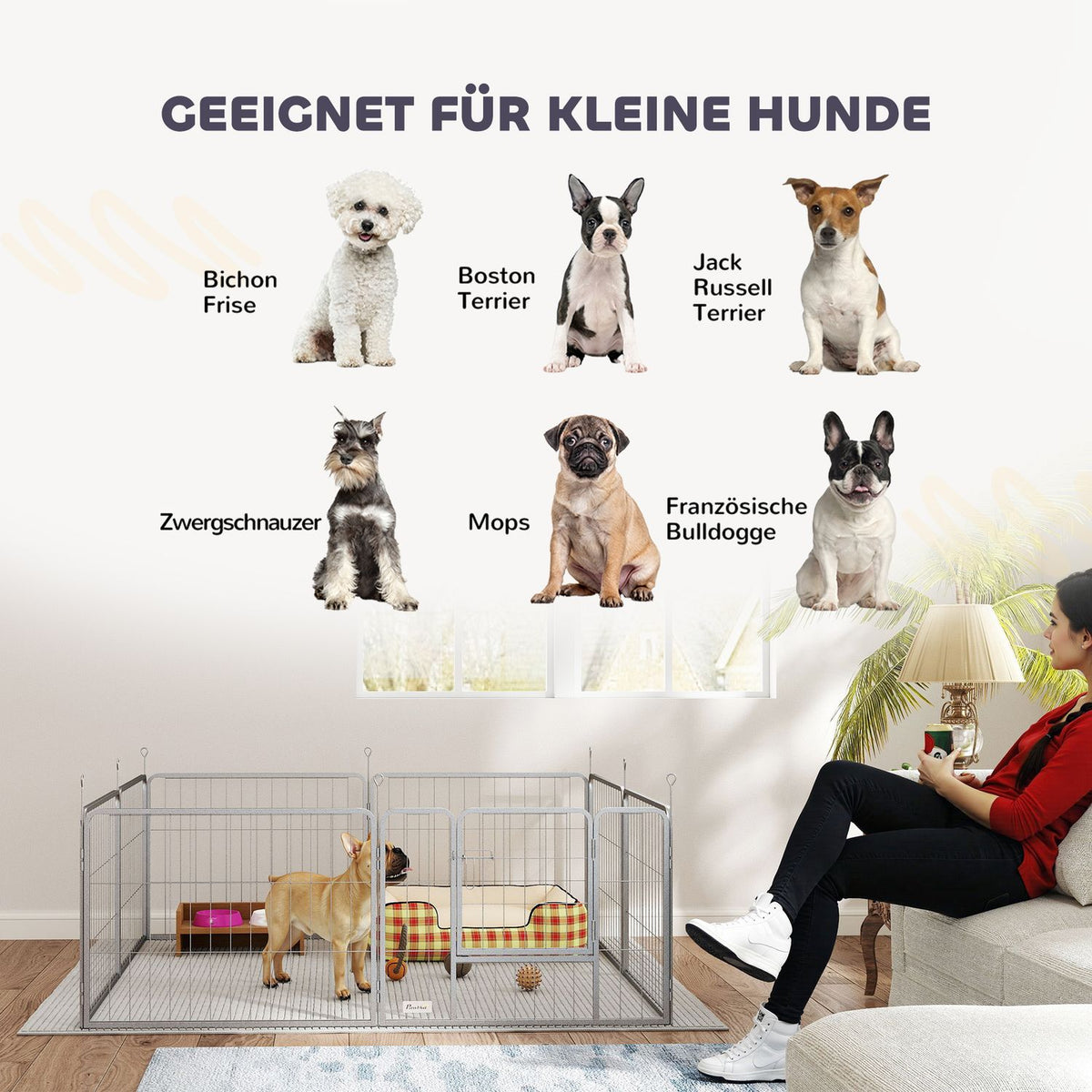 Puppy run 60 cm high, 8-piece dog playpen, puppy playpen with belt and door, outdoor enclosure for small to medium-sized dogs, guinea pigs, rabbits, steel, silver