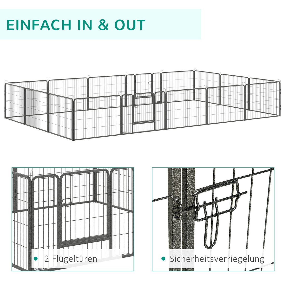 Puppy run outdoor enclosure, 60H cm, 16 segments, playpen for pets, puppy fence, playpen, customizable, with 2 doors, steel