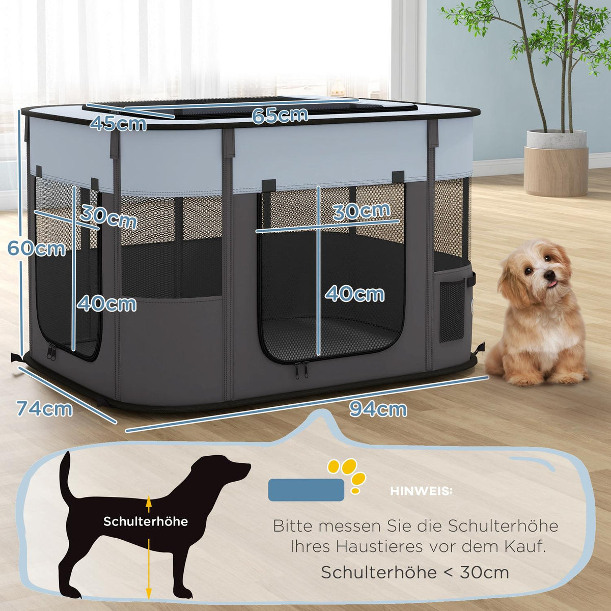 Puppy run, puppy playpen with doors, windows, foldable playpen, breathable net, for small dogs under 10 kg and small animals, indoor and outdoor, 94 x 74 x 60 cm, gray
