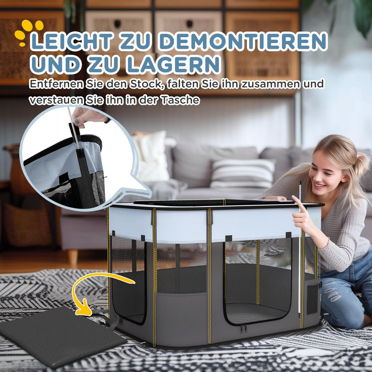 Puppy run, puppy playpen with doors, windows, foldable playpen, breathable net, for small dogs under 10 kg and small animals, indoor and outdoor, 94 x 74 x 60 cm, gray