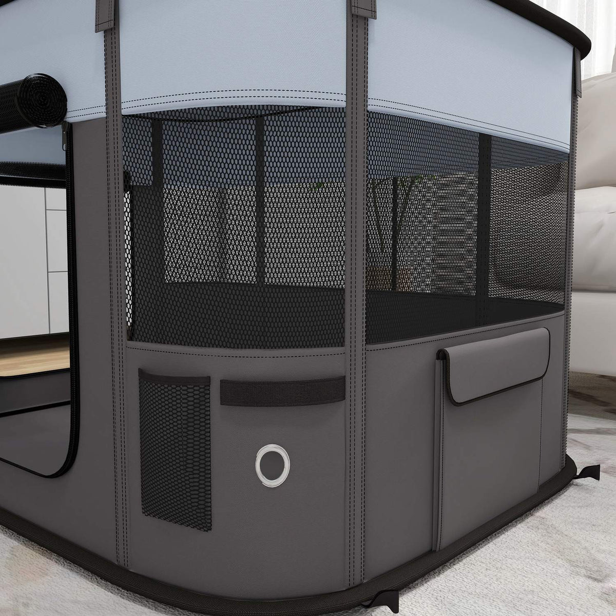 Puppy run, puppy playpen with doors, windows, foldable playpen, breathable net, for small dogs under 10 kg and small animals, indoor and outdoor, 94 x 74 x 60 cm, gray