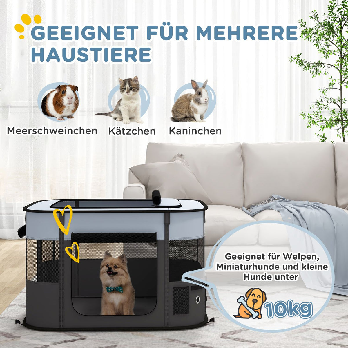 Puppy run, puppy playpen with doors, windows, foldable playpen, breathable net, for small dogs under 10 kg and small animals, indoor and outdoor, 94 x 74 x 60 cm, gray