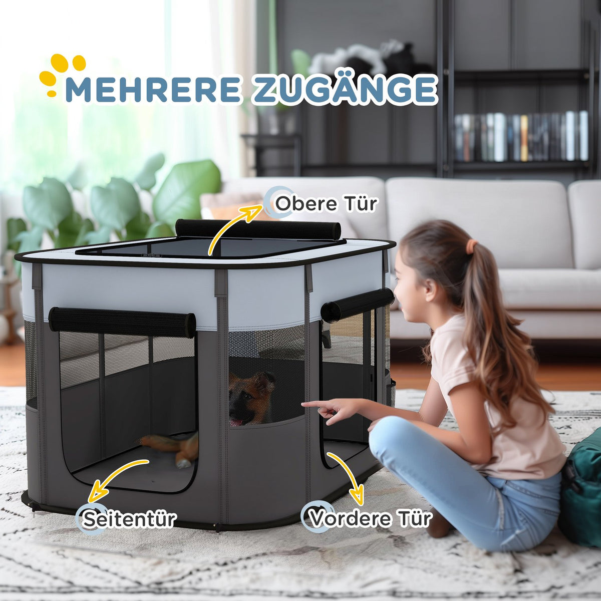 Puppy run, puppy playpen with doors, windows, foldable playpen, breathable net, for small dogs under 10 kg and small animals, indoor and outdoor, 94 x 74 x 60 cm, gray