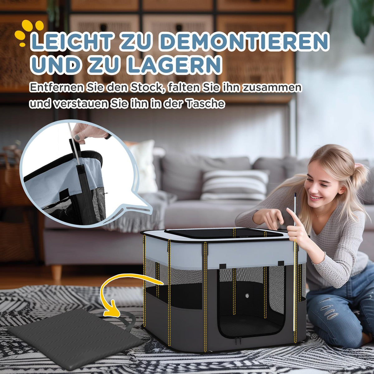 Puppy run, puppy playpen with doors, windows, foldable playpen, breathable net, for small dogs under 4 kg and small animals, indoor and outdoor, 74 x 60 x 45 cm, gray