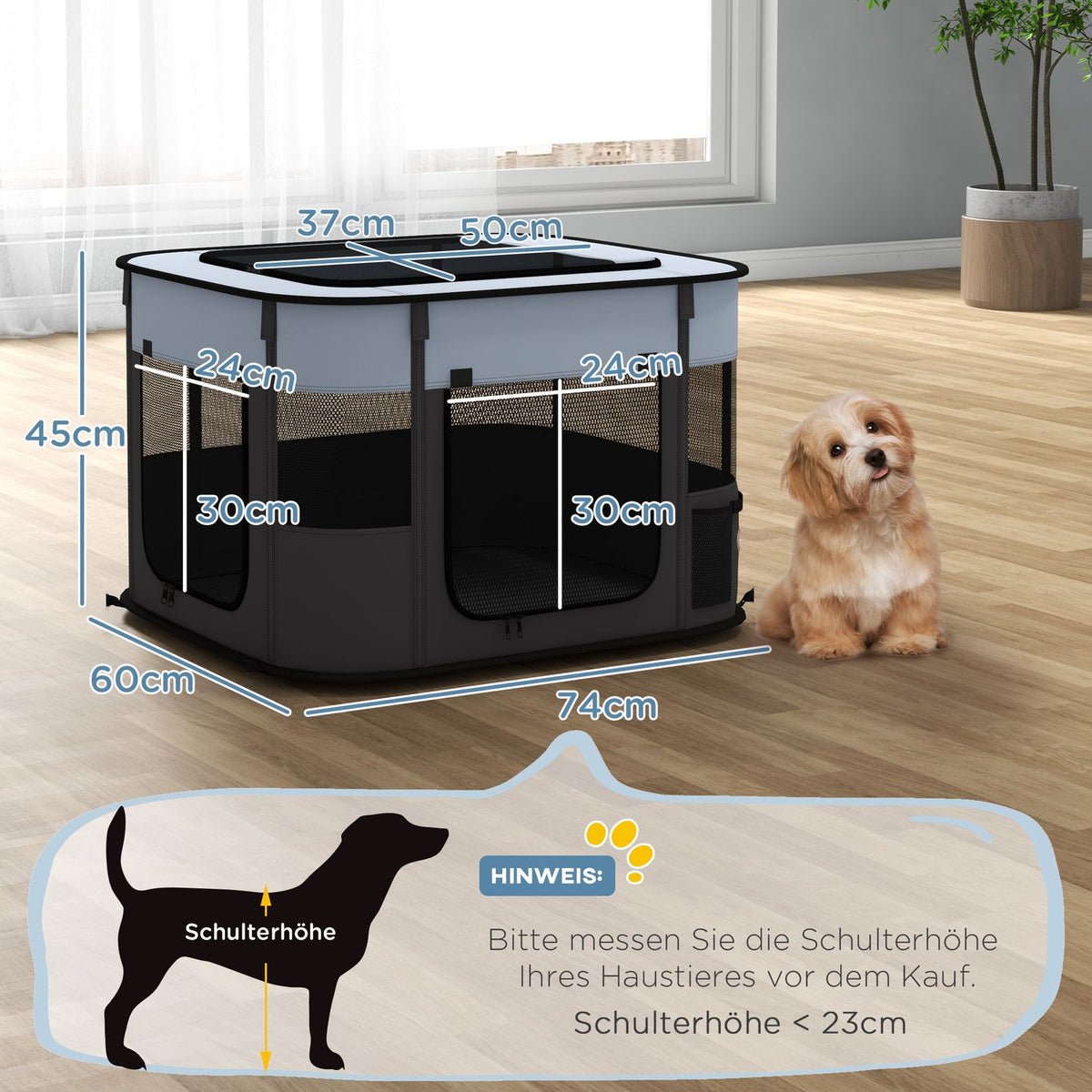 Puppy run, puppy playpen with doors, windows, foldable playpen, breathable net, for small dogs under 4 kg and small animals, indoor and outdoor, 74 x 60 x 45 cm, gray