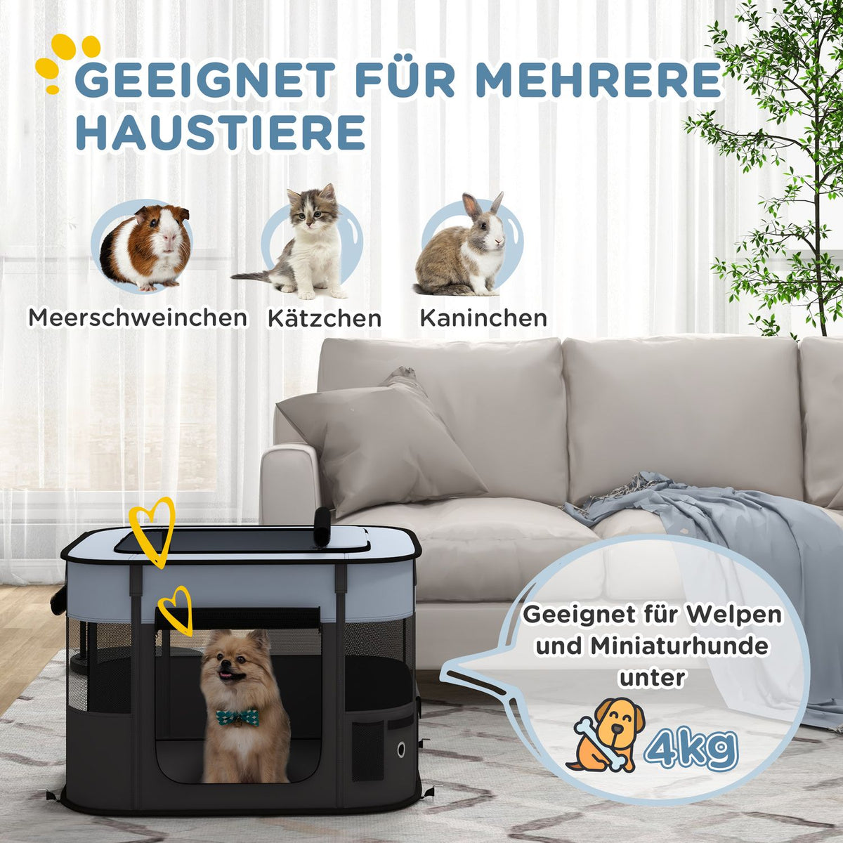 Puppy run, puppy playpen with doors, windows, foldable playpen, breathable net, for small dogs under 4 kg and small animals, indoor and outdoor, 74 x 60 x 45 cm, gray