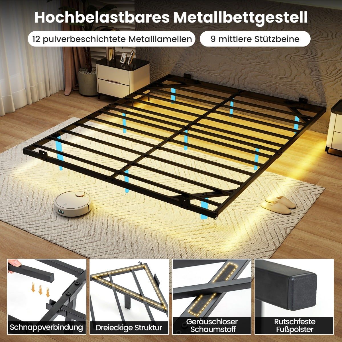 Queen Size Floating Bed Frame with LED Lights, Metal, 160x200 cm