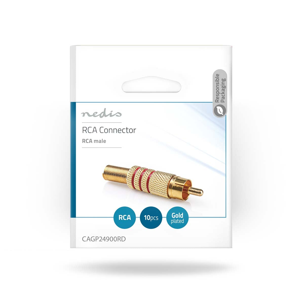 RCA Connector | Straight | Male | Gold Plated | Solder | Cable input diameter: 7.0 mm | Metal | Gold / Red | 10 pieces. | Envelope