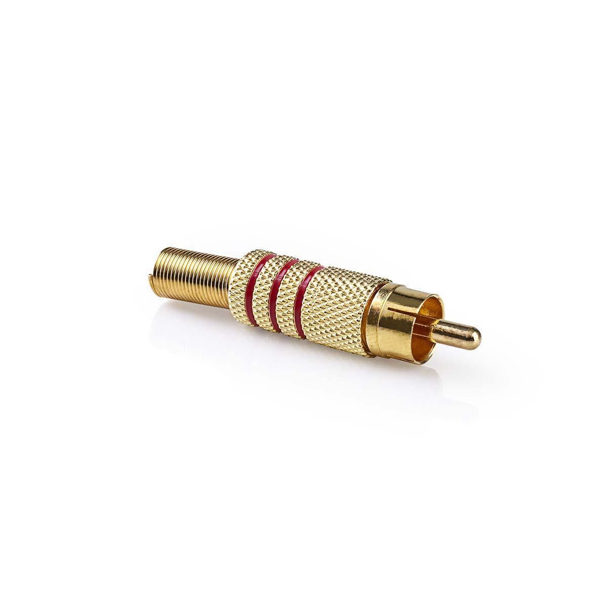 RCA Connector | Straight | Male | Gold Plated | Solder | Cable input diameter: 7.0 mm | Metal | Gold / Red | 10 pieces. | Envelope