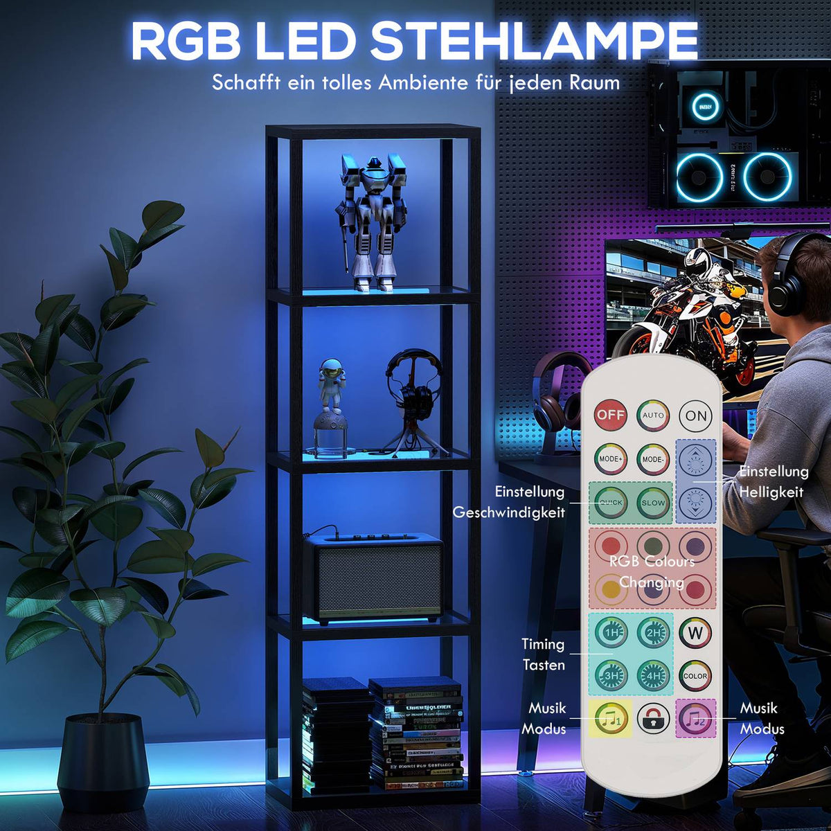RGB Floor Lamp with Glass Shelves, LED, Remote, Music Sync