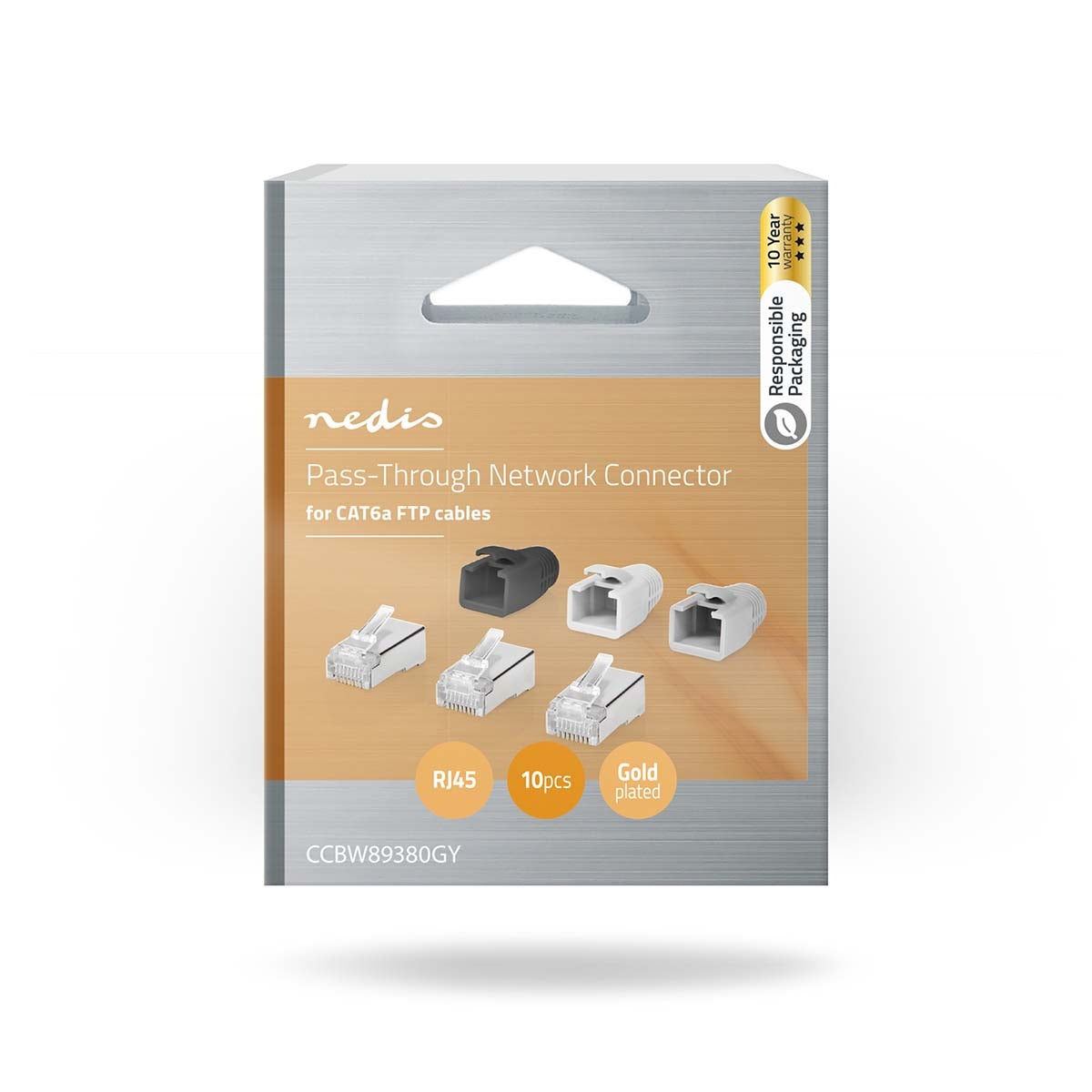RJ45 connector | RJ45 Pass Through | Solid/stranded FTP CAT6a | Straight | Gold Plated | 10 pieces. | PVC | Grey/Black/White | Box
