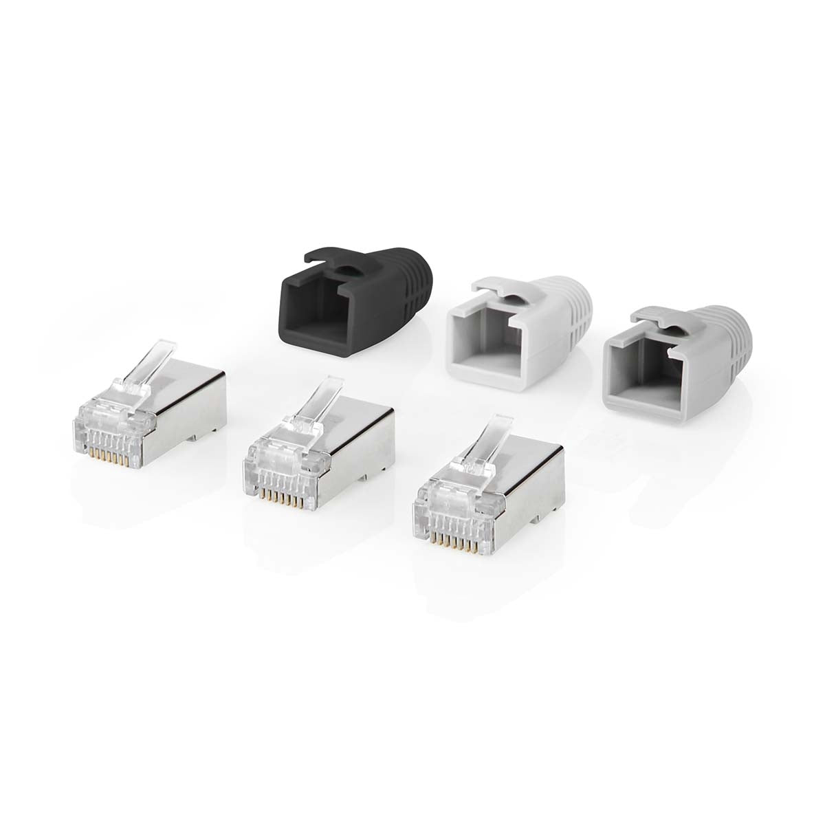 RJ45 connector | RJ45 Pass Through | Solid/stranded FTP CAT6a | Straight | Gold Plated | 10 pieces. | PVC | Grey/Black/White | Box