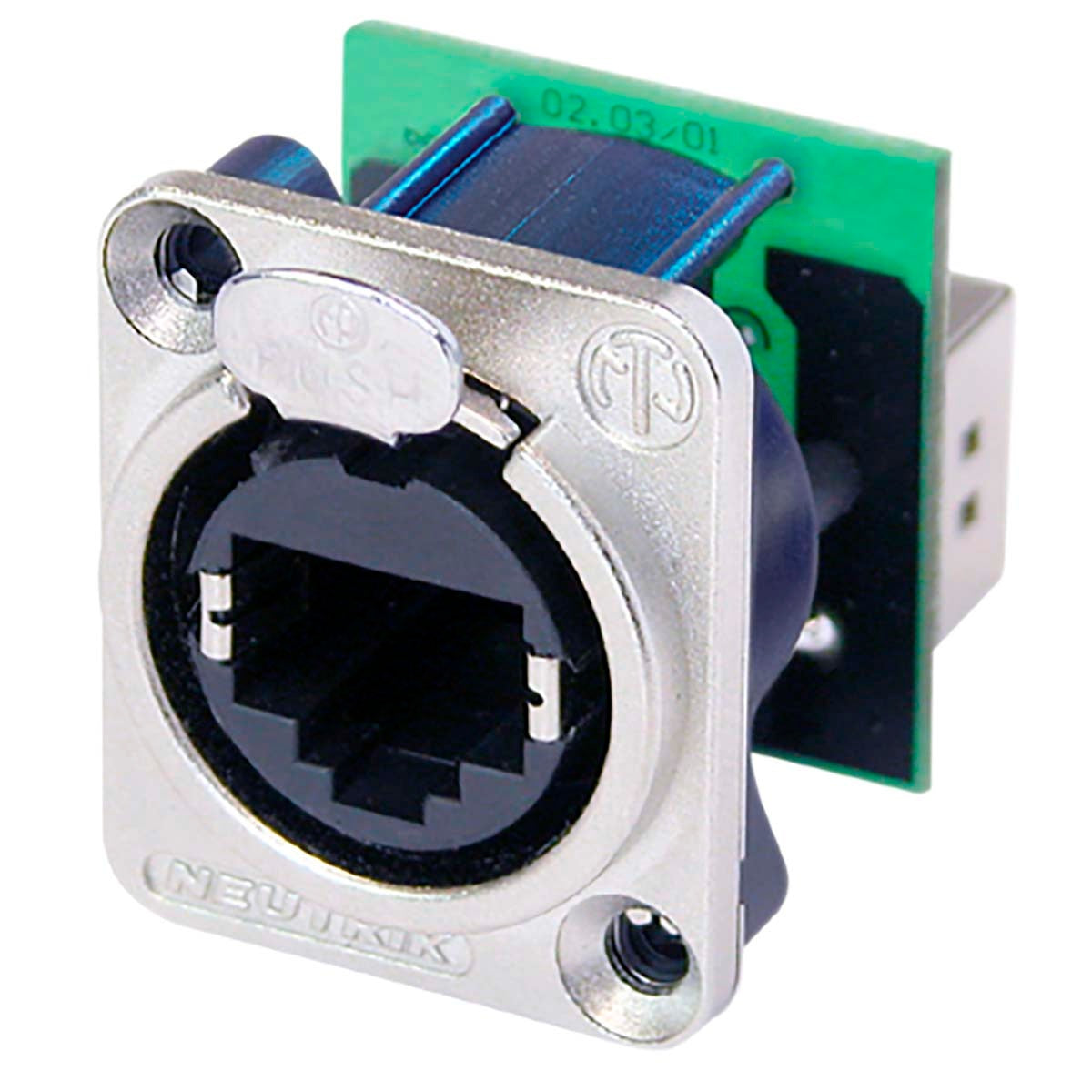 RJ45 feed-through socket, D-shaped metal flange with locking latch, mounting screws included