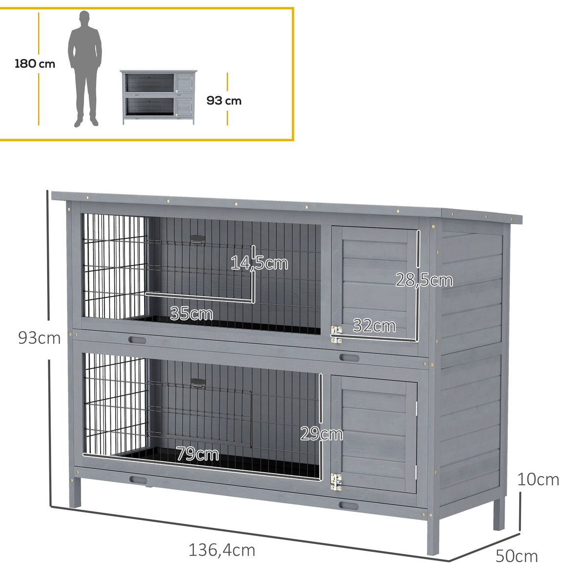 Rabbit Hutch, 2-Story Wood with Asphalt Roof, 136x50x93 cm