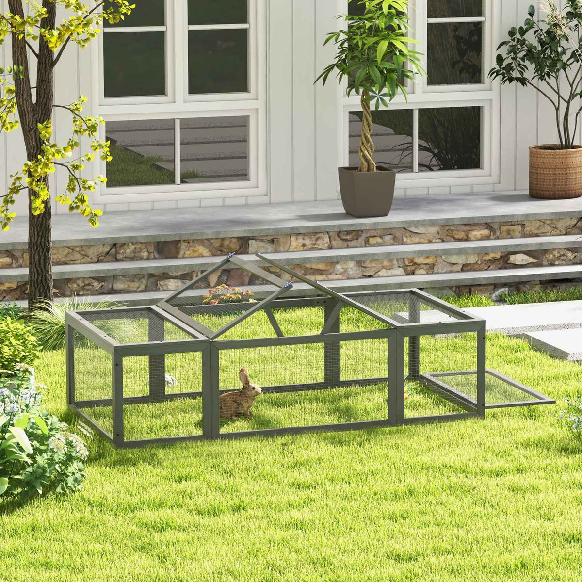 Rabbit Hutch Rabbit Hutch Made of Fir Wood Winterproof Rabbit Cage with Hinged Roof 180 x 90 x 48 cm Rabbit Cage Outdoor Small Animal Hutch for Small Animals Rabbits Guinea Pigs Gray