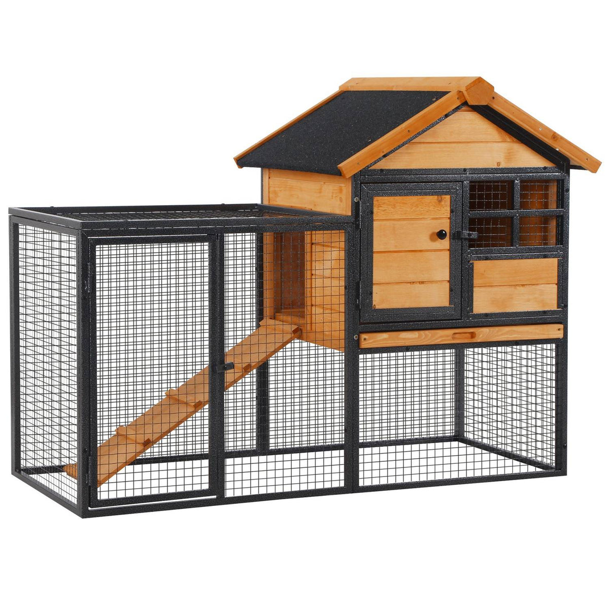 Rabbit Hutch Raised Pet House with Lockable Door, Outdoor, Wood-Metal, Light Yellow, 122x63x92cm